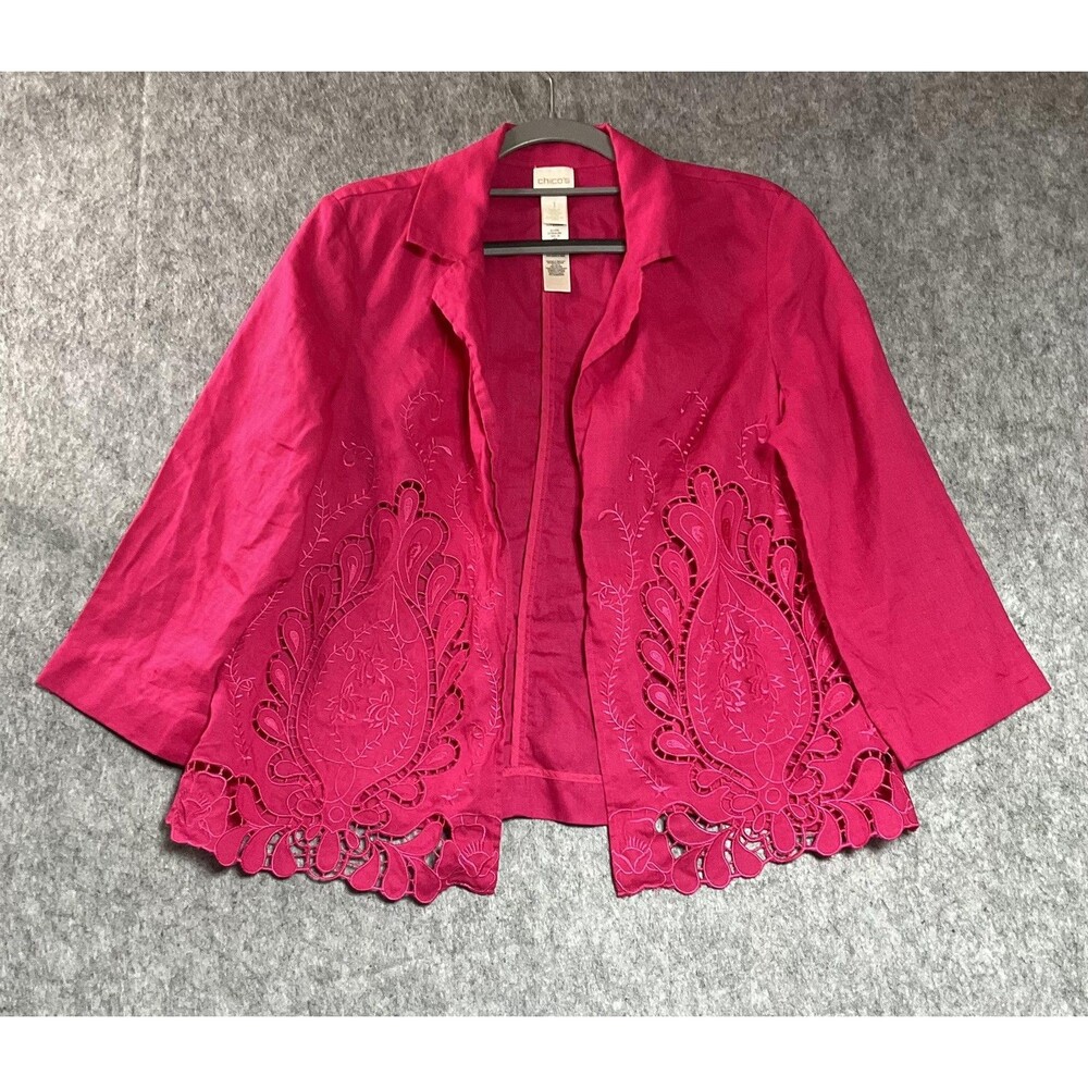 Chico's Jacket Womens 1 Medium Pink Linen Embroidered Cutout Open Front Boho